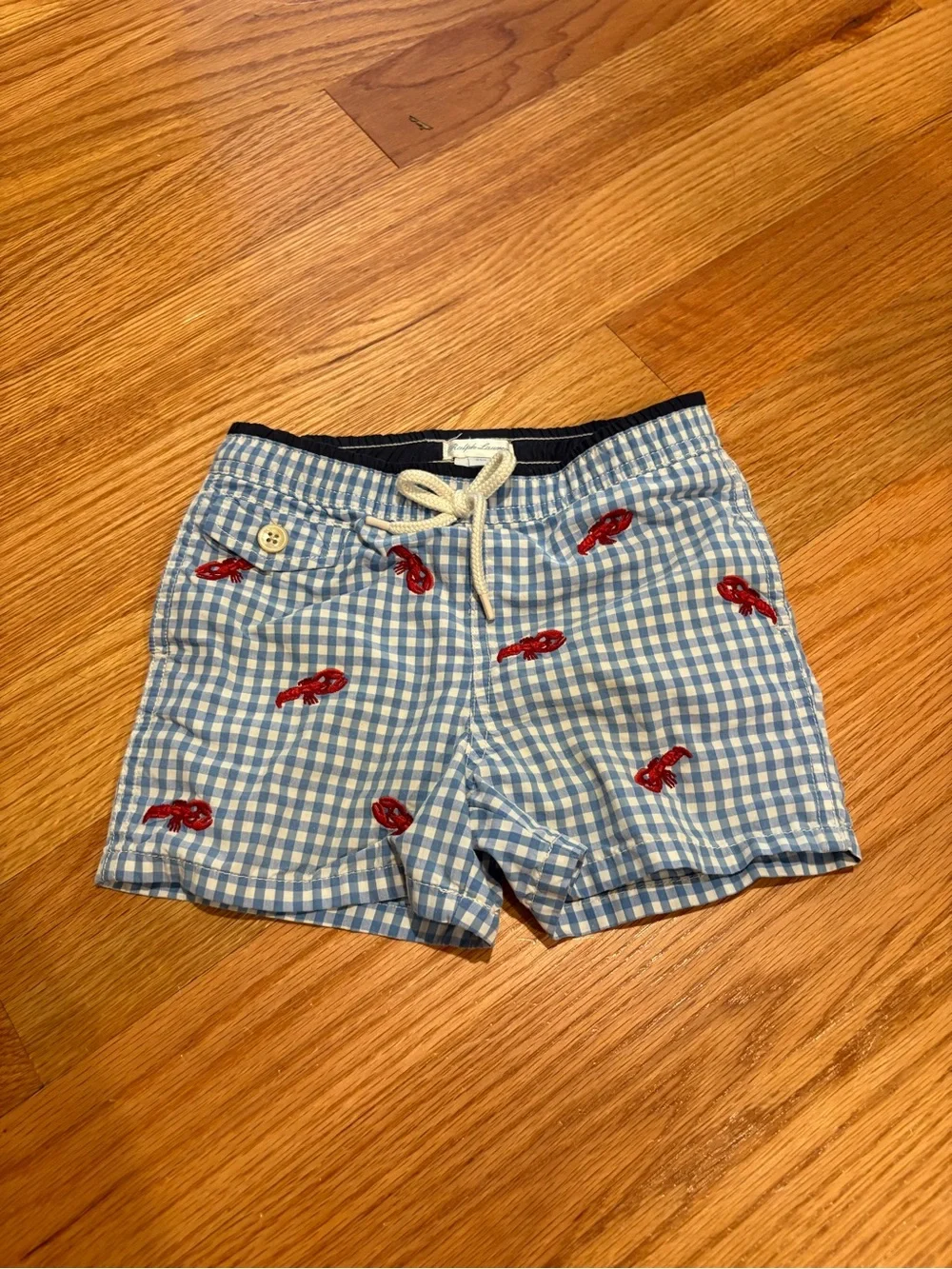 Ralph Lauren Toddler Classic Blue Gingham Swim Shorts with Red Lobster Embroider